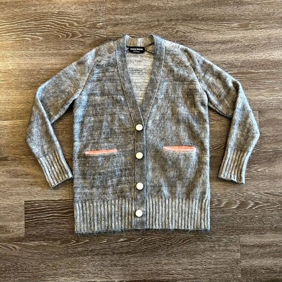 Vintage‎ SONIA RYKIEL Gray Mohair Wool Cardigan Sweater Pink Trim Buttons Small - Picture 1 of 13